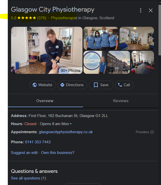 Google Bussiness reviews for seo for physiotherapists